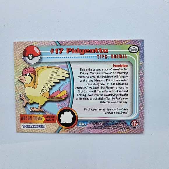 Pokemon 1999 TOPPS Pidgeotto #17 Blue Logo TV Animation Edition Card - Picture 4 of 4